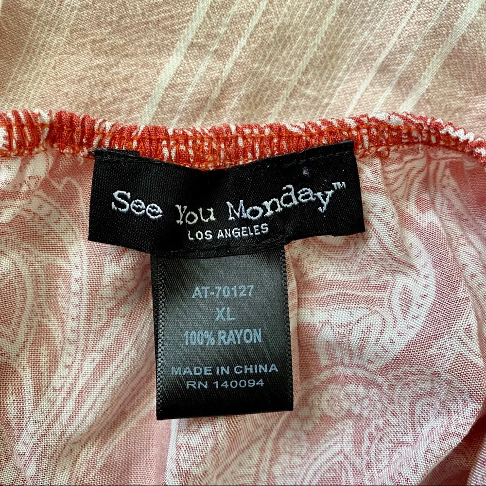 See‎ You Monday Sz XL Coral Paisley Bell Sleeve Fringe Boho Romper Cottagecore